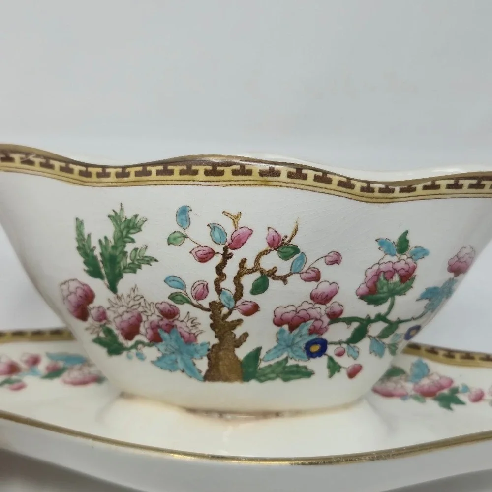 Antique Soho Pottery Indian Tree Gravy Boat Attached Underplate Cobridge England